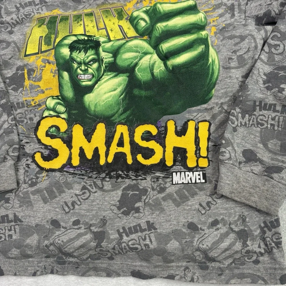 Y2K 2008 Hulk Marvel AOP Grey Long Sleeve Graphic Shirt Boys Size 7